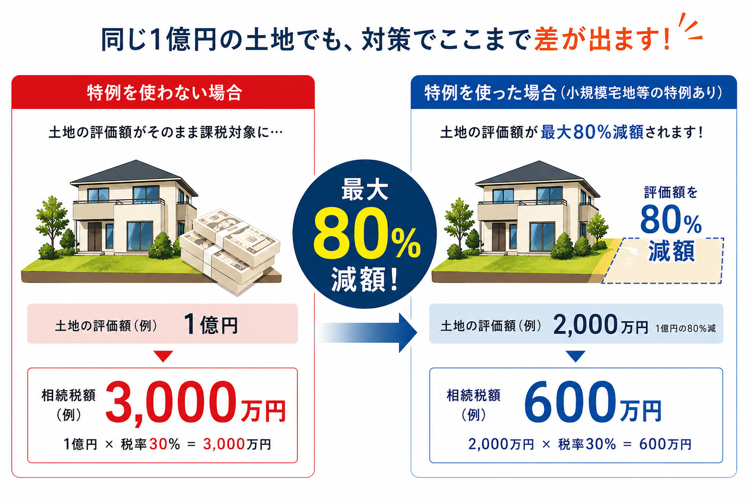 同じ1億円の土地でも小規模宅地等の特例により相続税額に差が出る比較図
